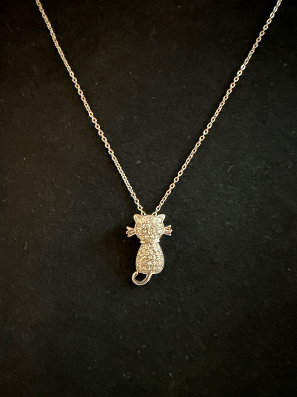 Silver Cat Pendant Necklace - Pave Crystal Kitty